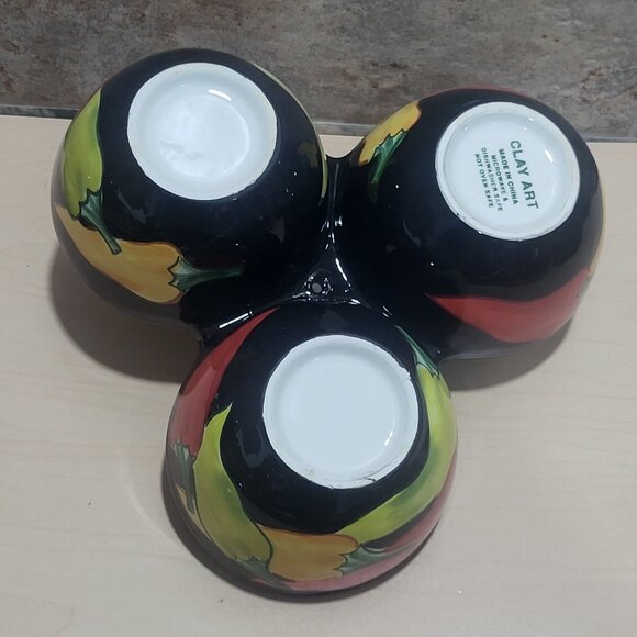 Clay Art Condiment Dish 3 Section Bowl Relish Chili Pepper Jalapeno Center - Picture 5 of 11